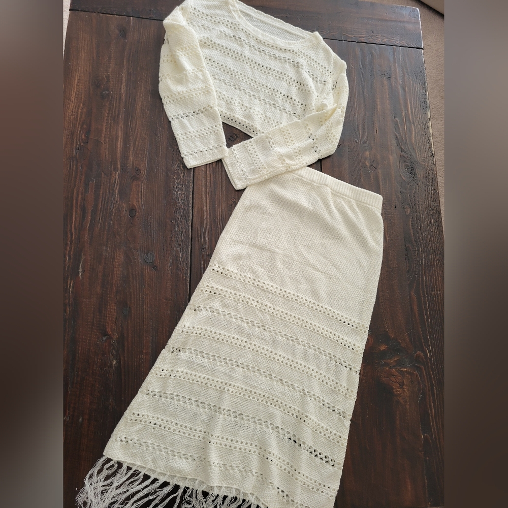 Cream Crochet Knit Top and Skirt Set:M